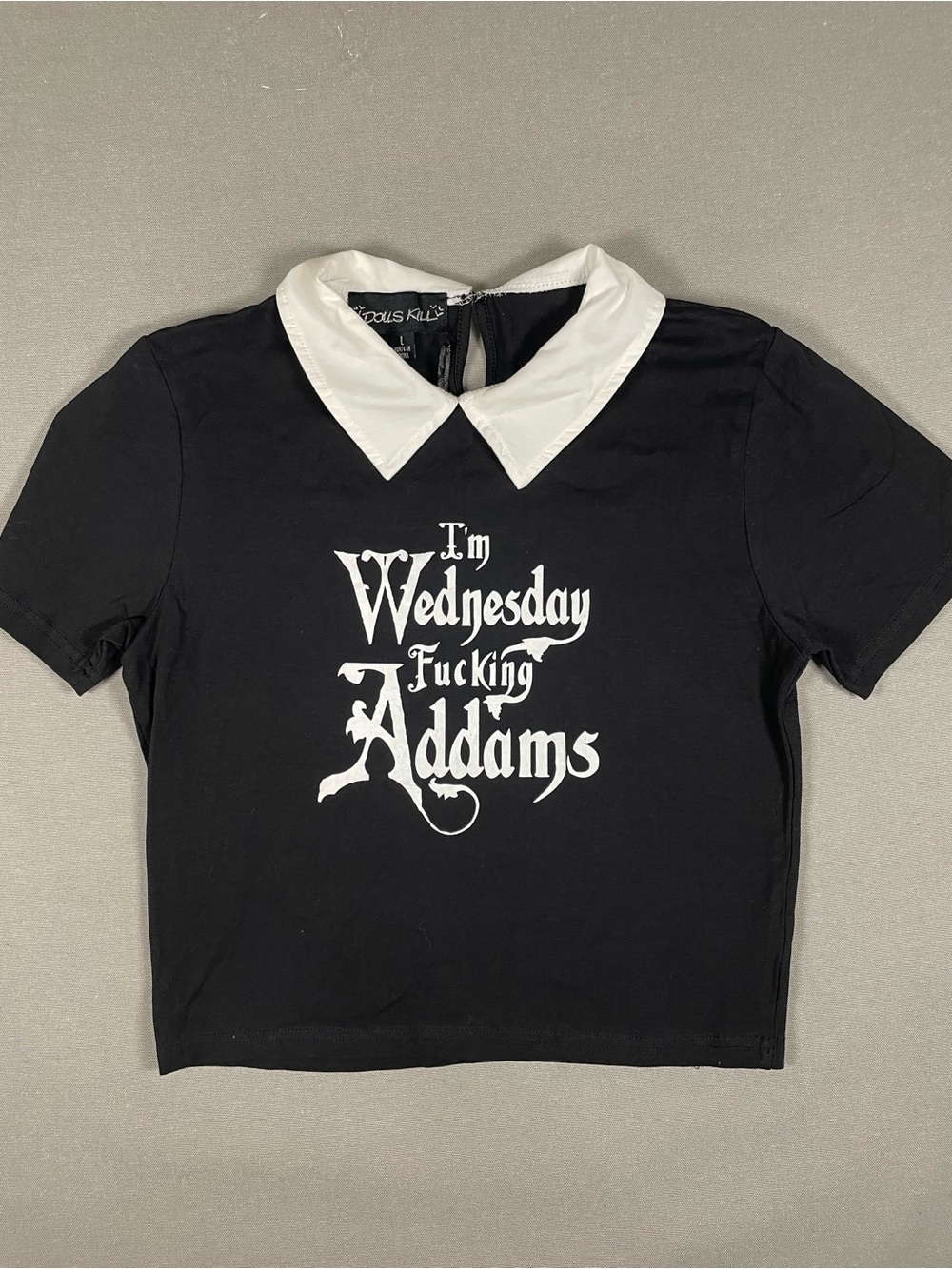 Dolls Kill Wednesday Addams Collared Crop Top Graphic Tee Black White Large L